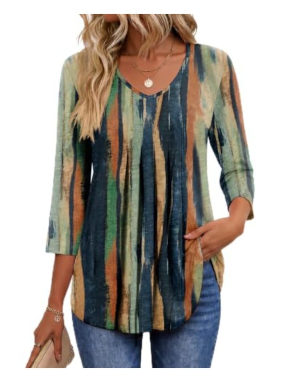 Ekouaer Womens 3/4 Sleeve V Neck Pleated Blouse Casual Top